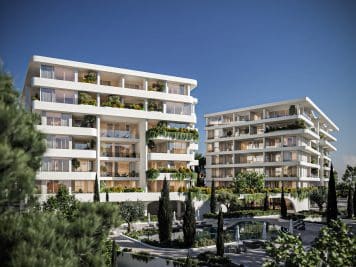 A 3d render of the luxury apartments that make up the Pafilia Plaza apartment complex