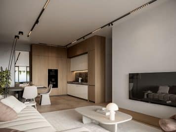 a luxury living room in a 2 bedroom apartment foe sale at Pafilia Plaza.