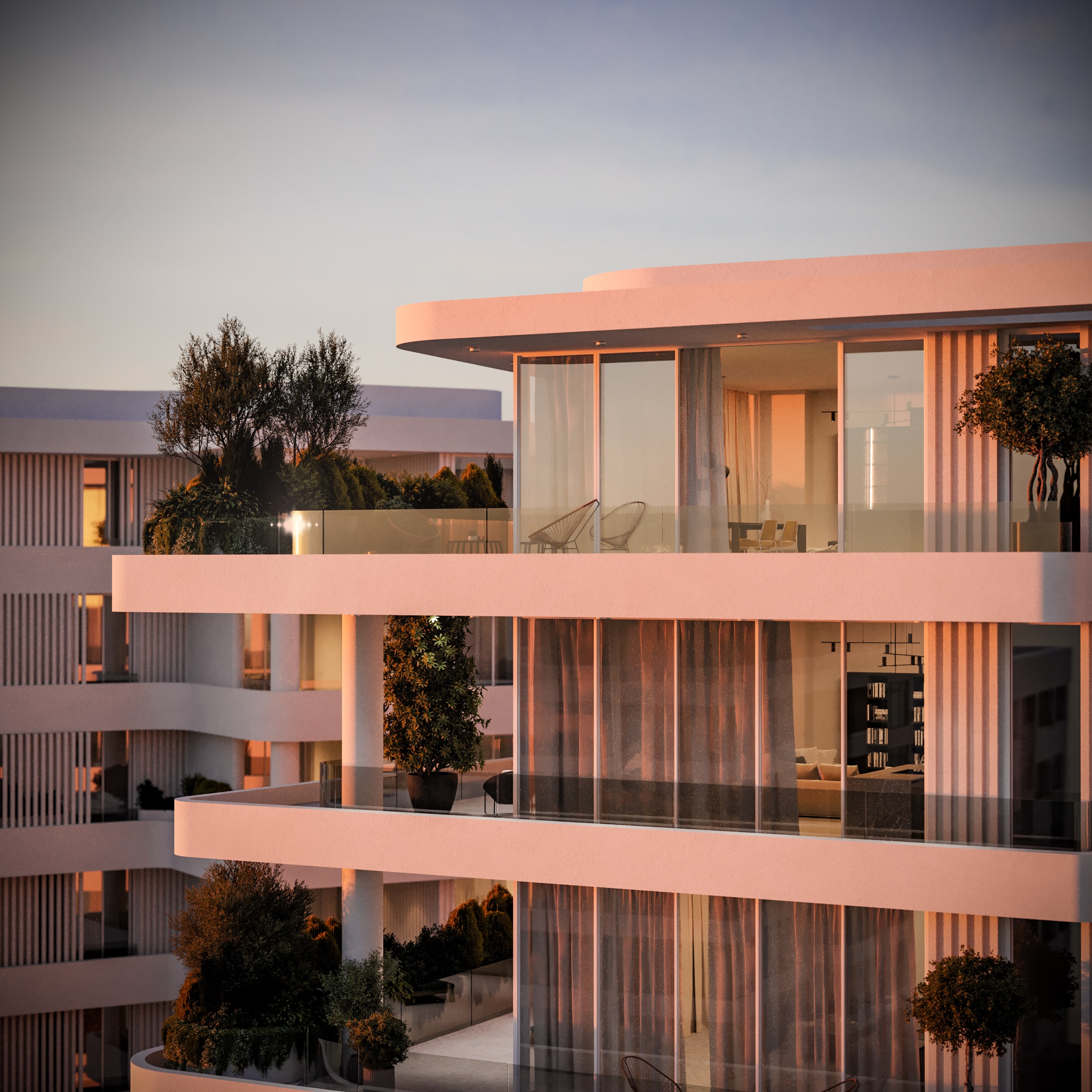 An exterior building render of the upper levels of Pafilia Plaza.