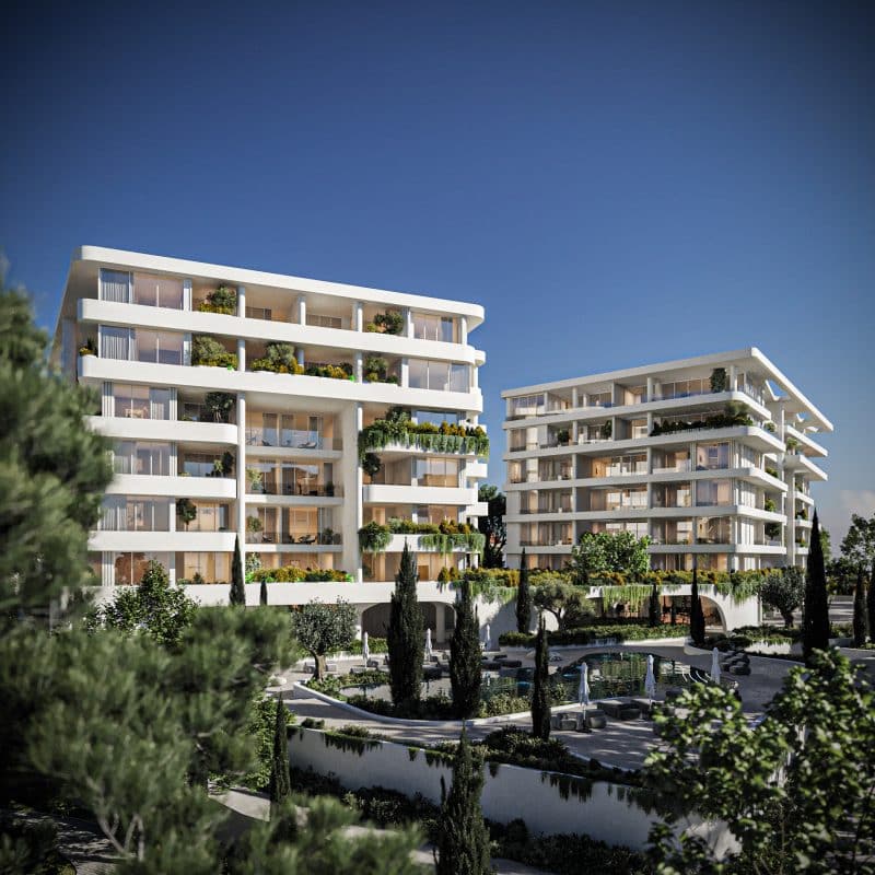 A 3d render of the luxury apartments that make up the Pafilia Plaza apartment complex