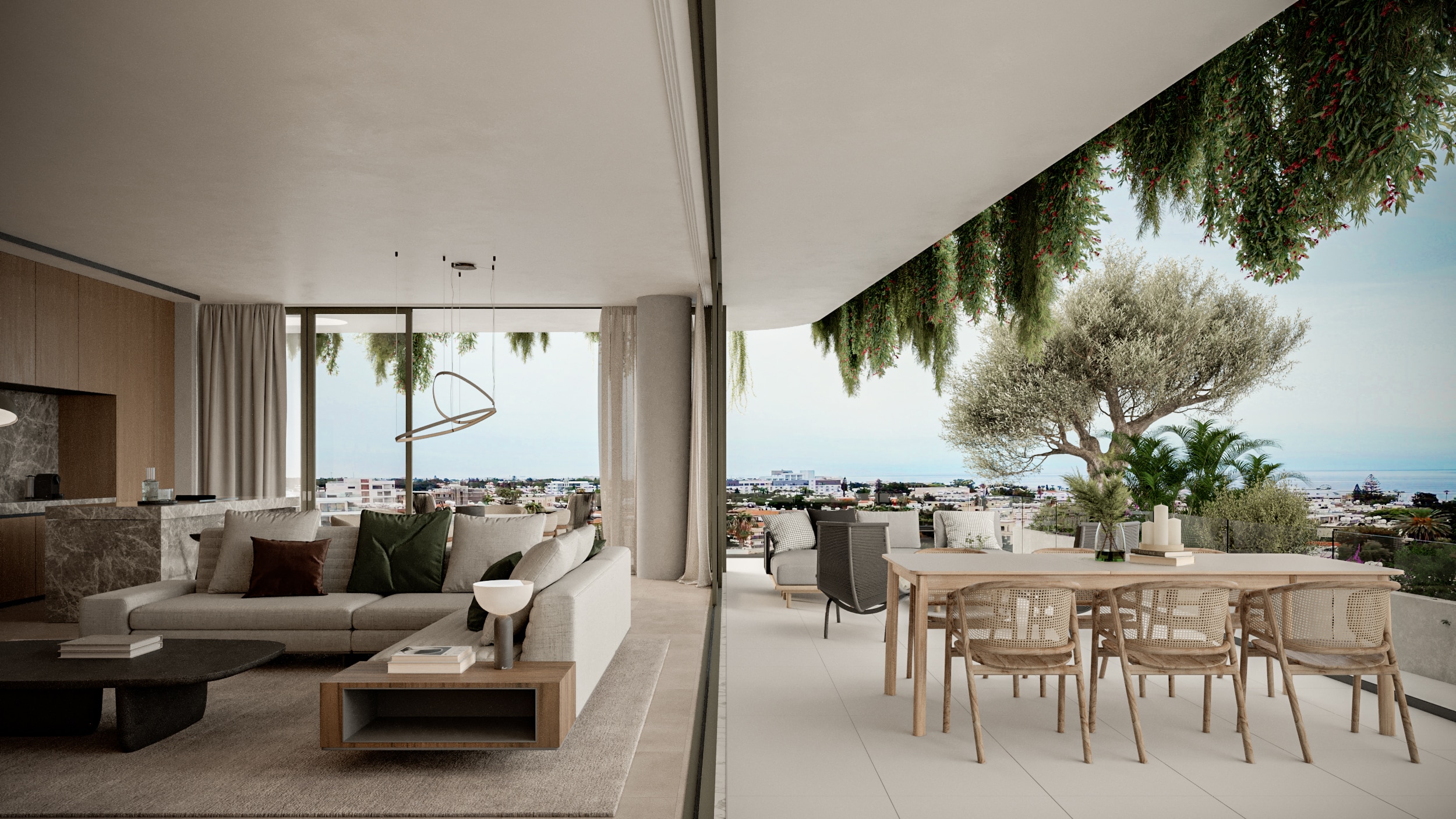 a split photograph taken between the living room and a balcony at Pafilia Plaza.