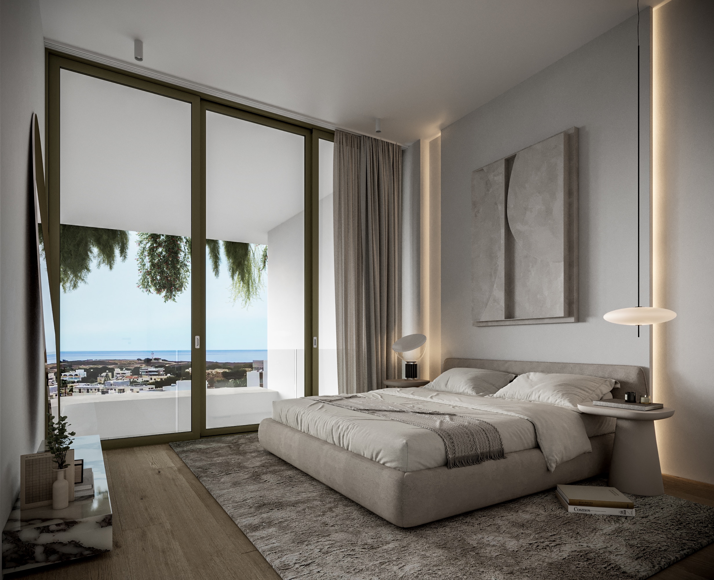 An interior photograph taken from a luxury apartment for sale at Pafilia Plaza with the balcony view highlighted in the background