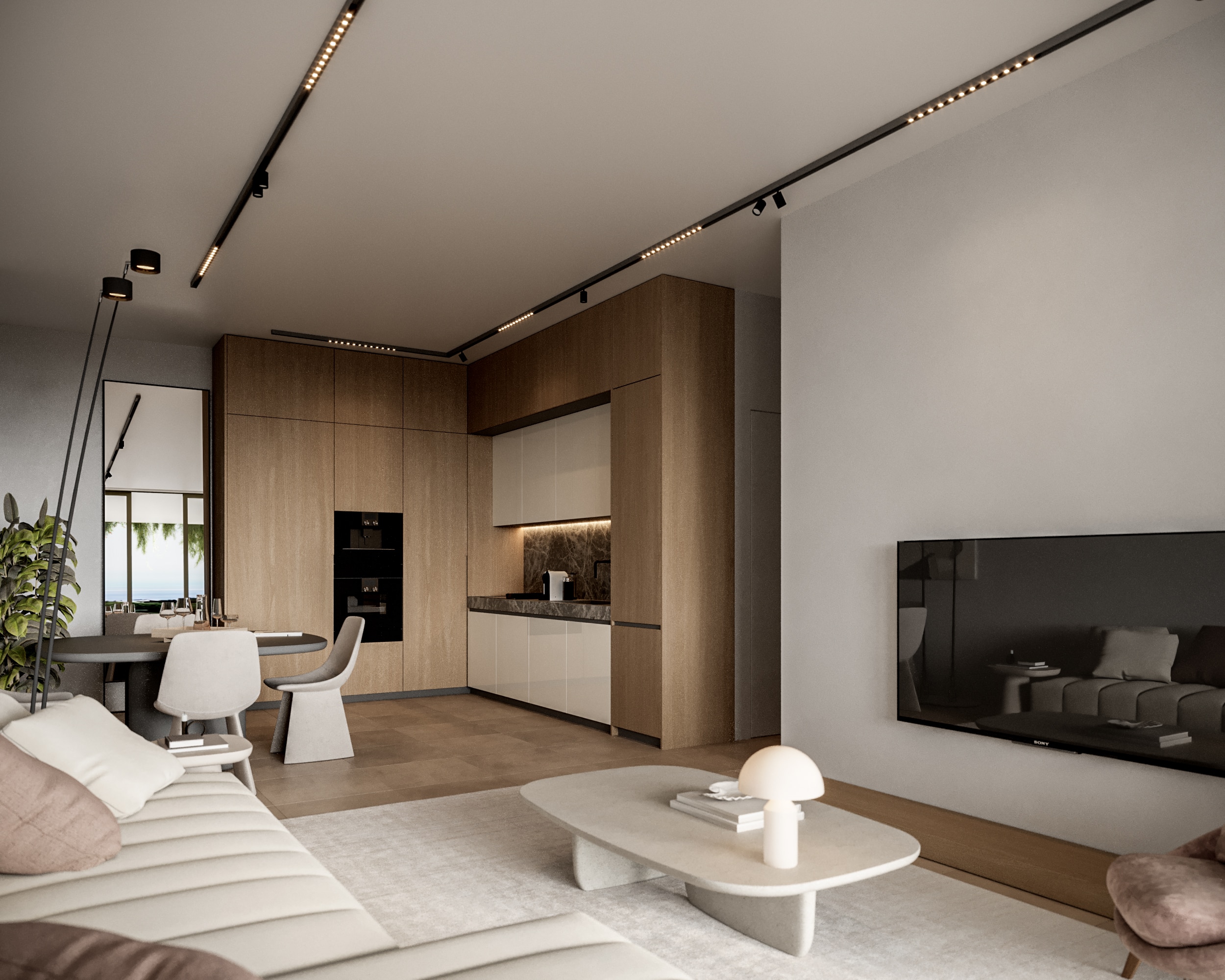 a luxury living room in a 2 bedroom apartment foe sale at Pafilia Plaza.