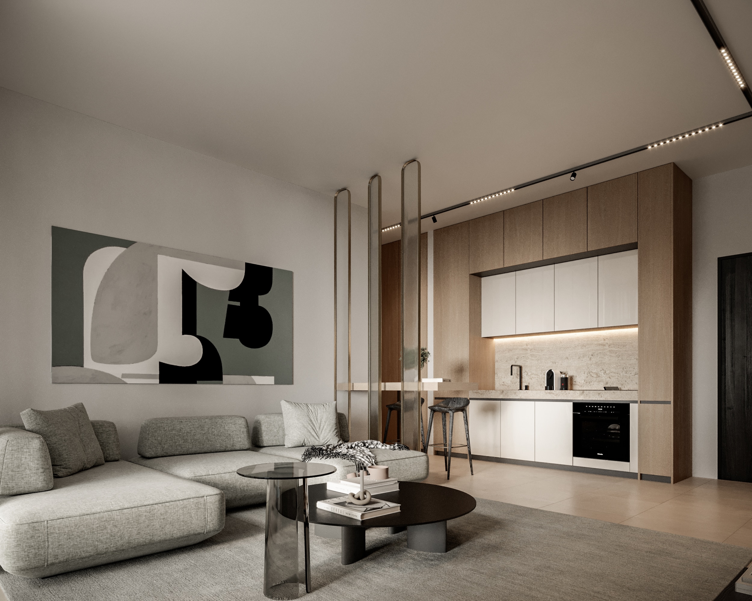 An interior shot of the kitchen area of a luxury apartment taken from the living room at Pafilia Plaza.