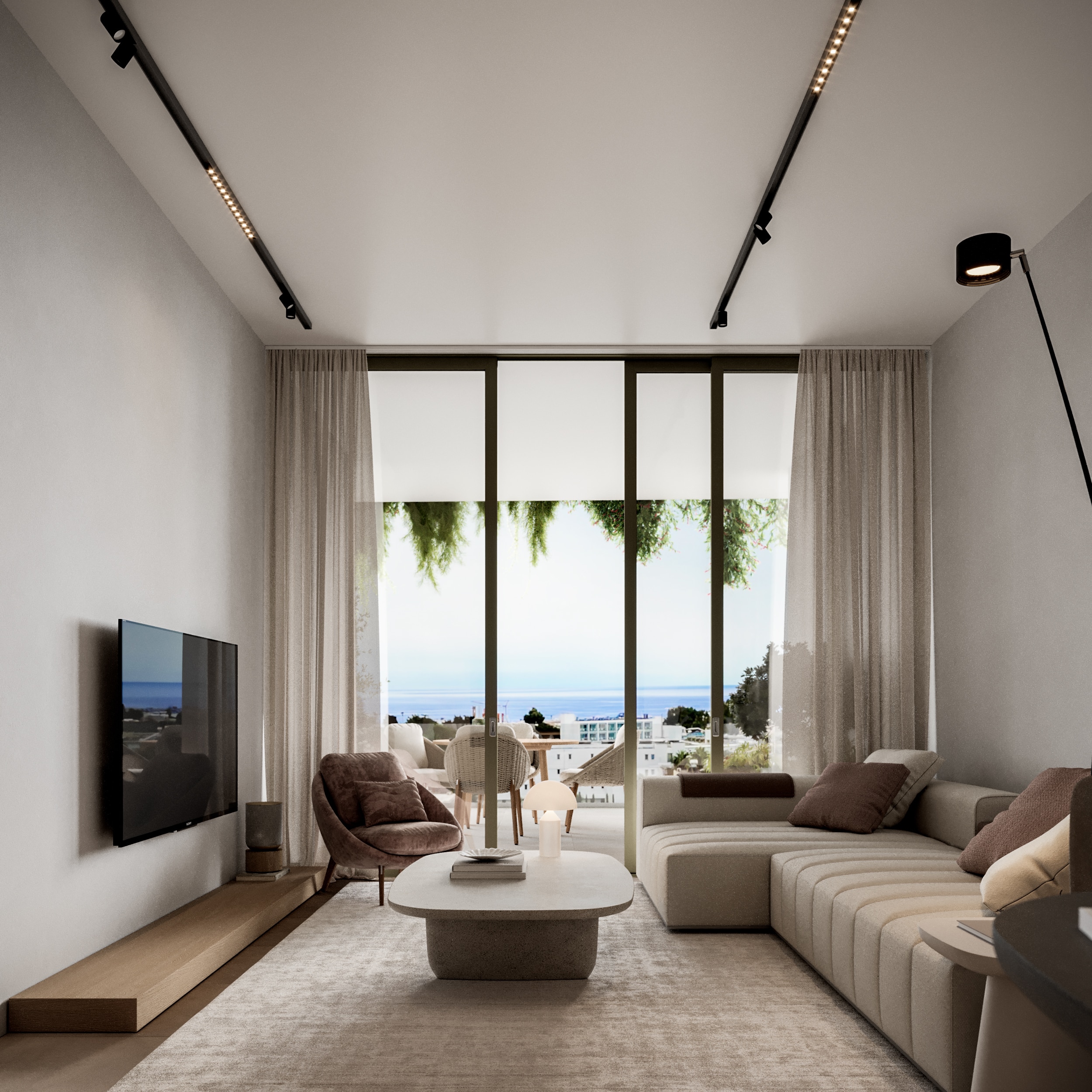 the living room view looking out at the balcony and the incredible seaview of the Mediterranean.