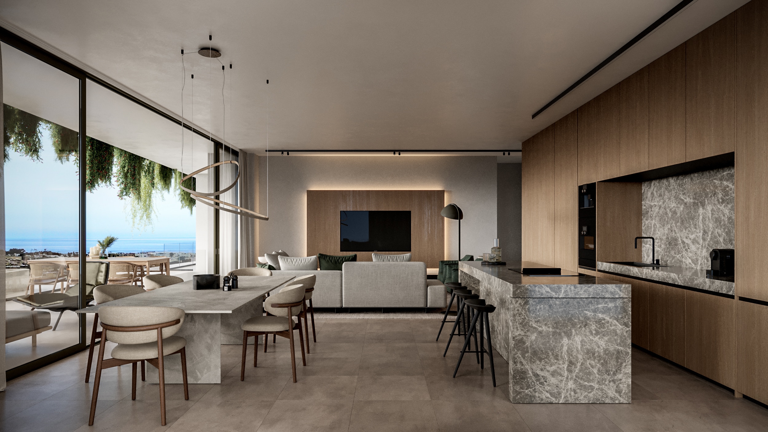 The very spacious living room from a luxury apartment at Pafilia Plaza.