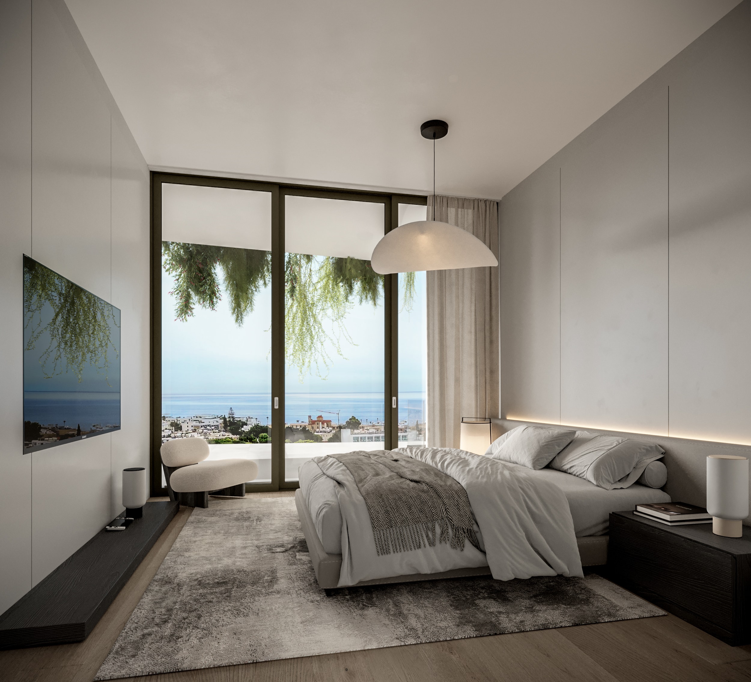 The master bedroom view at a luxury apartment for sale at Pafilia Plaza.