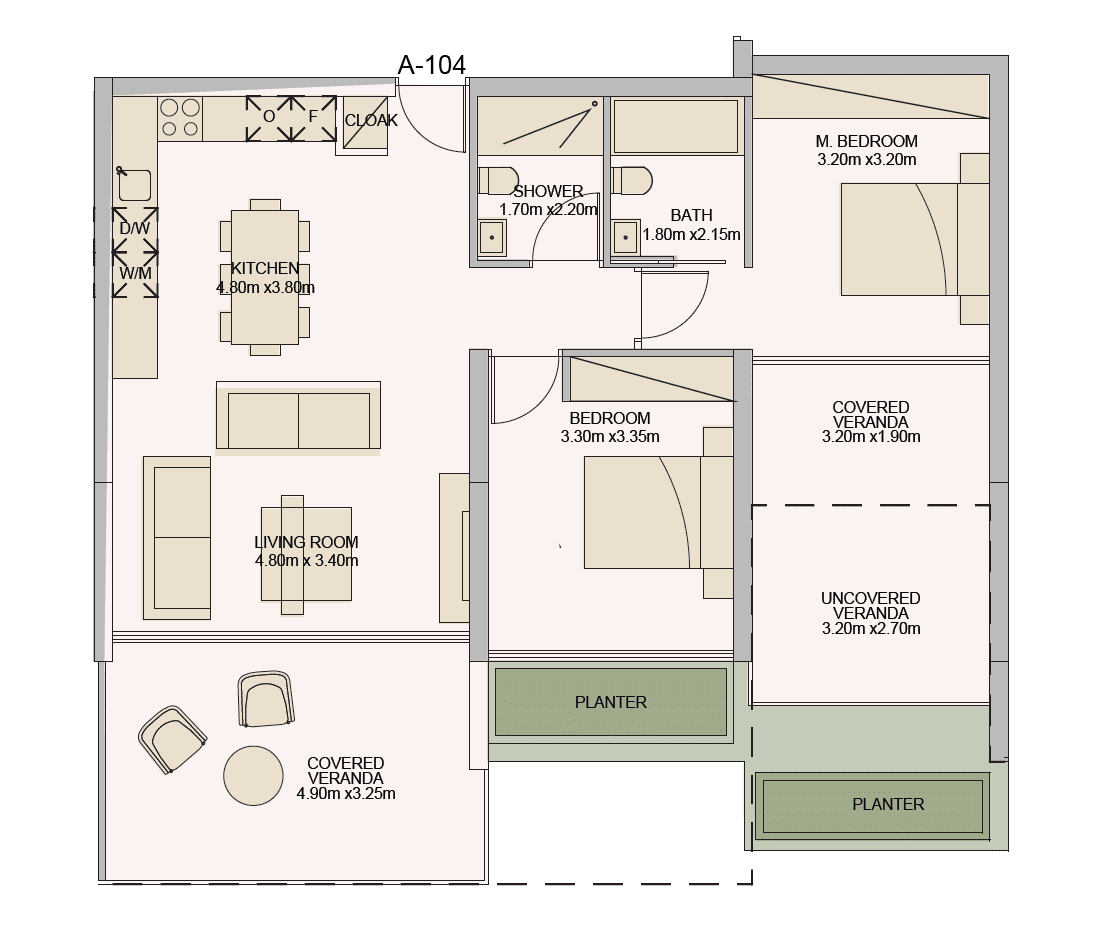 The floorplan for the 2 bedroom apartments for sale at Elysia Blu