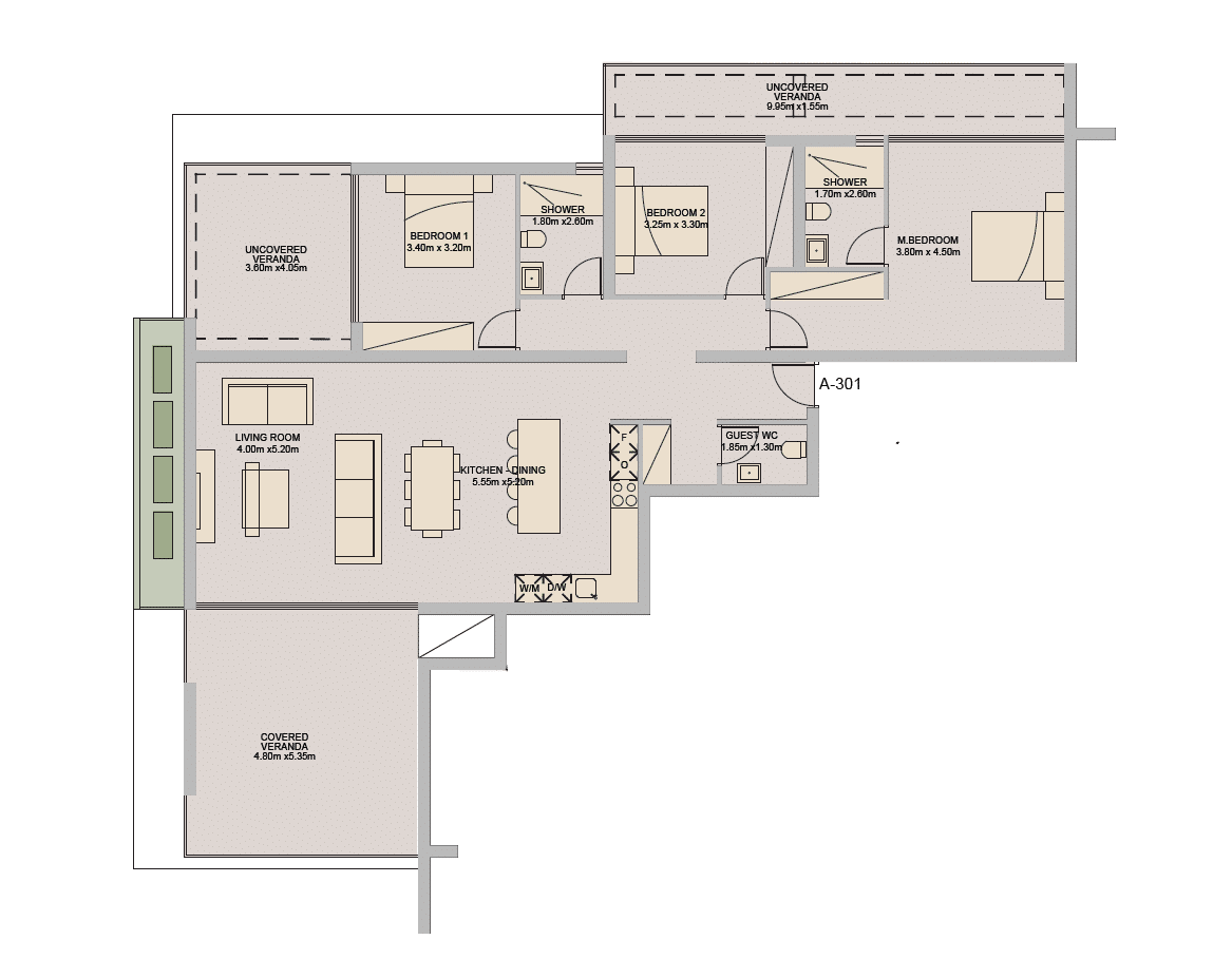 A floorplan of one of the 3 bedroom Elysia Blu apartments for sale in Cyprus