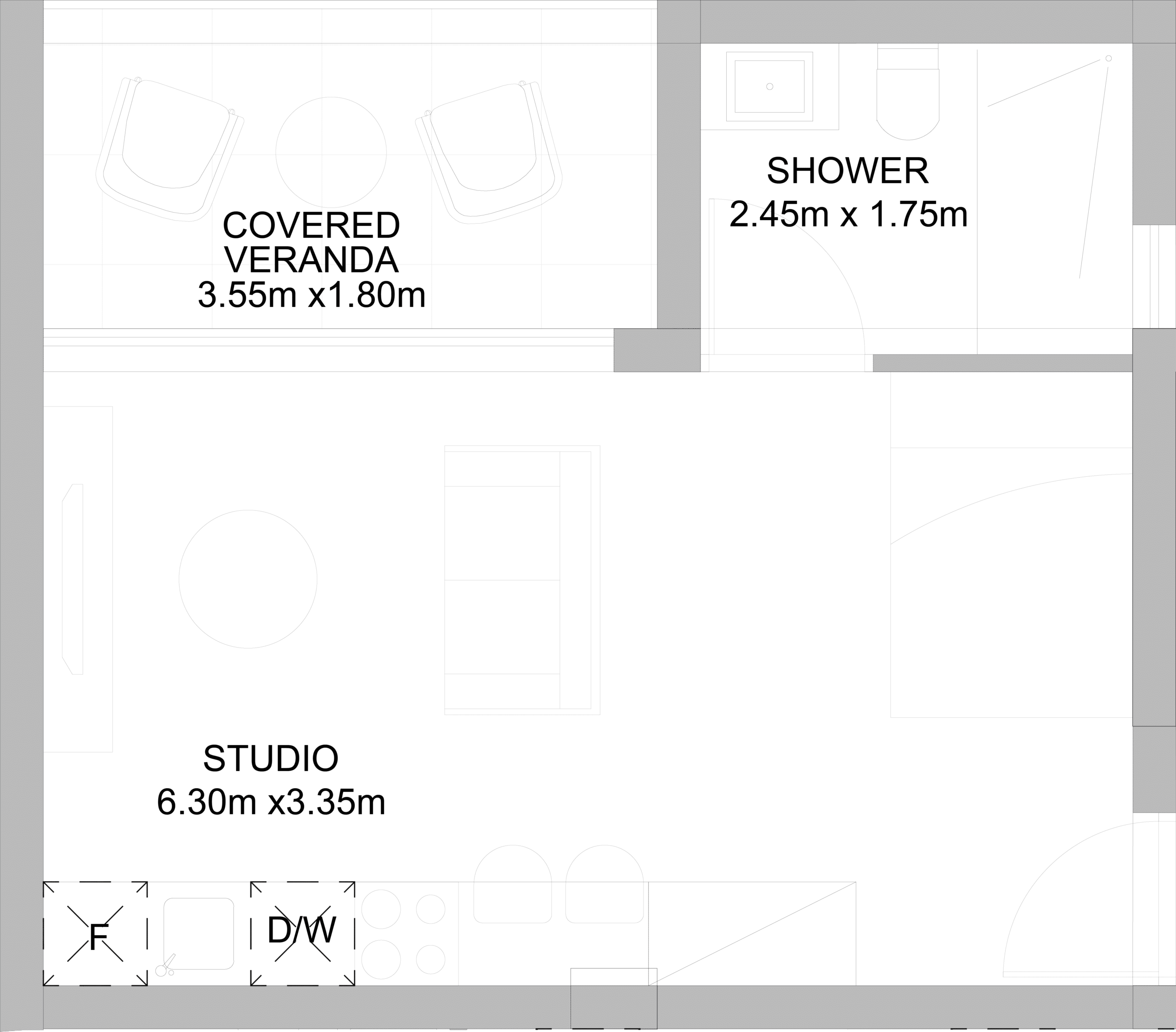 The floorplan of the A2 101 studio apartment at Elysia Blu